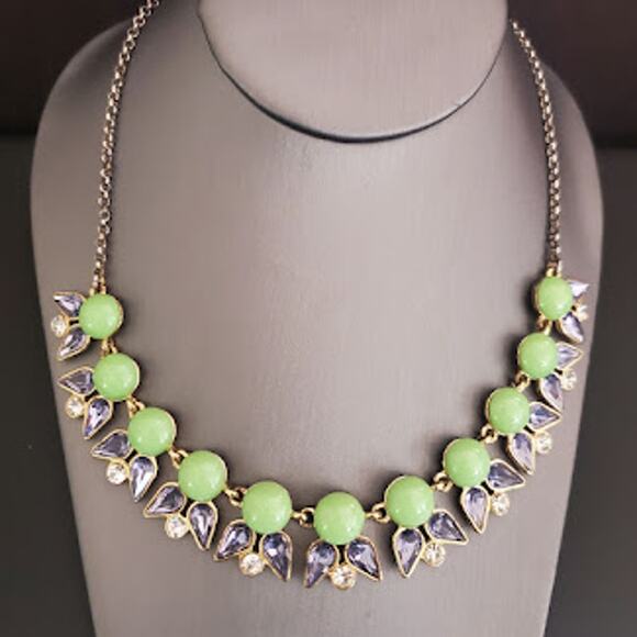 J.Crew Green and Purple Crystal Floral Statement Necklace‎ Gold Tone - Picture 1 of 6